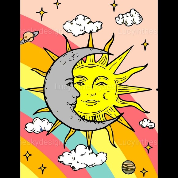 Retro Pink Sun Moon Stars Celestial Art Print 8.5x11 - Picture 2 of 5